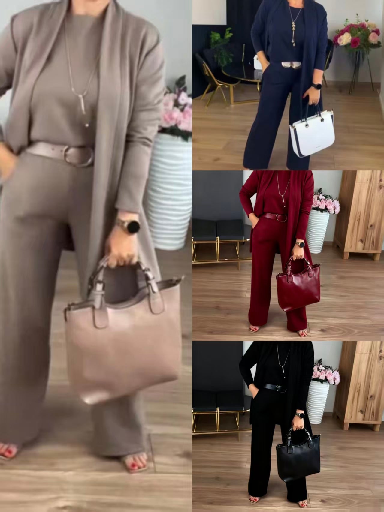Elegant 3-piece set consisting of a longline cardigan, top, and pants