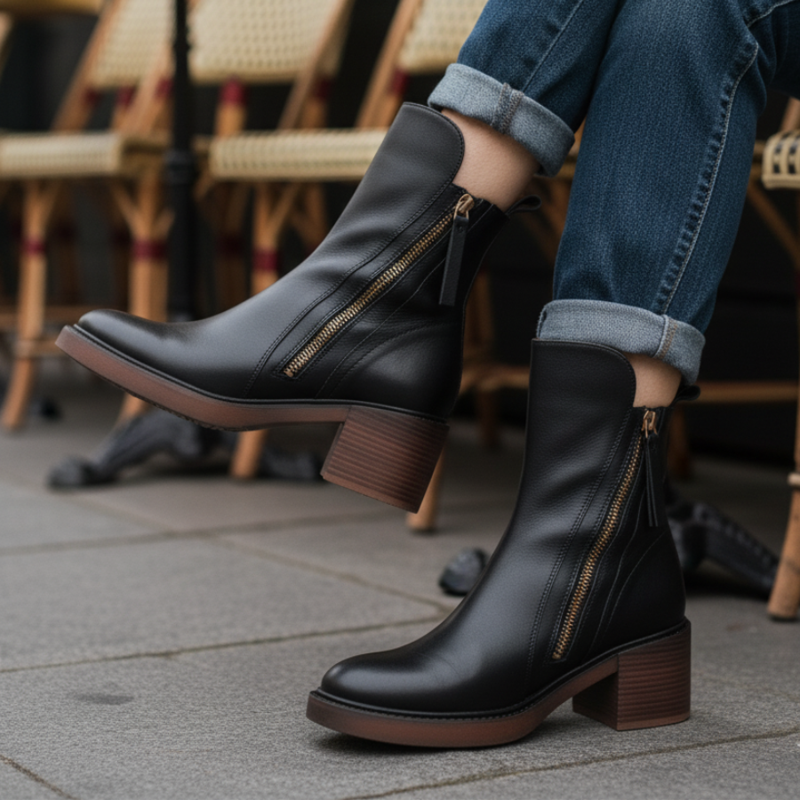 Liora™ | Black leather boot with a comfortable heel, elegant and timeless