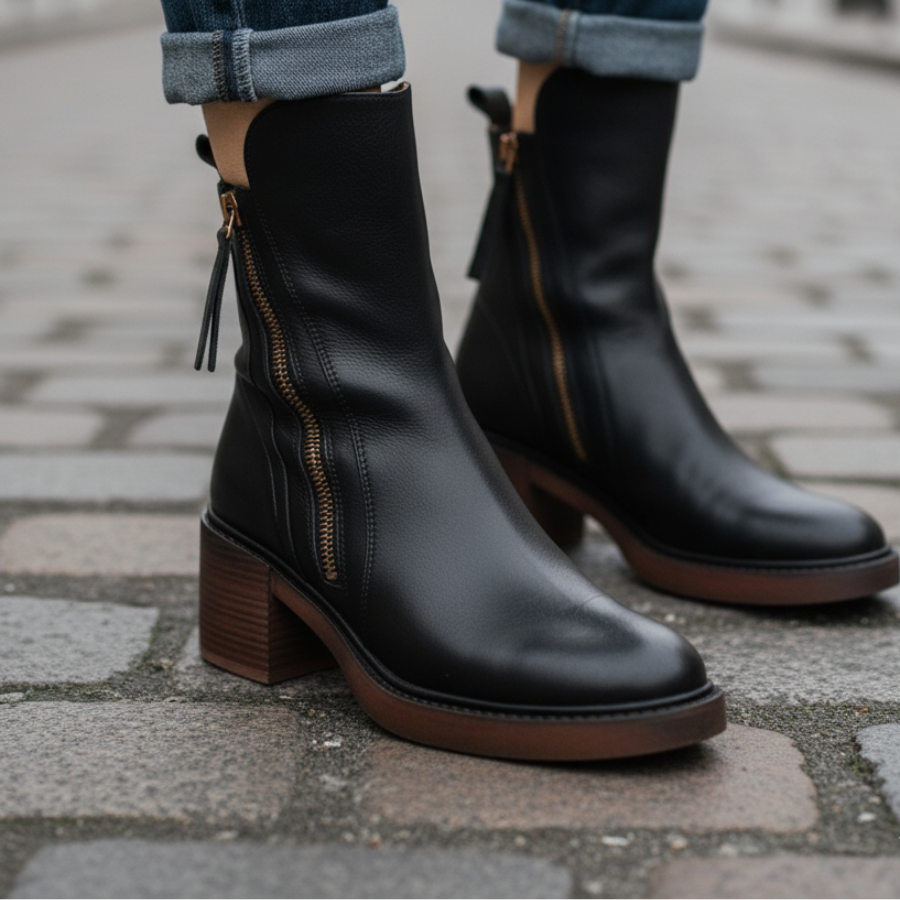 Liora™ | Black leather boot with a comfortable heel, elegant and timeless