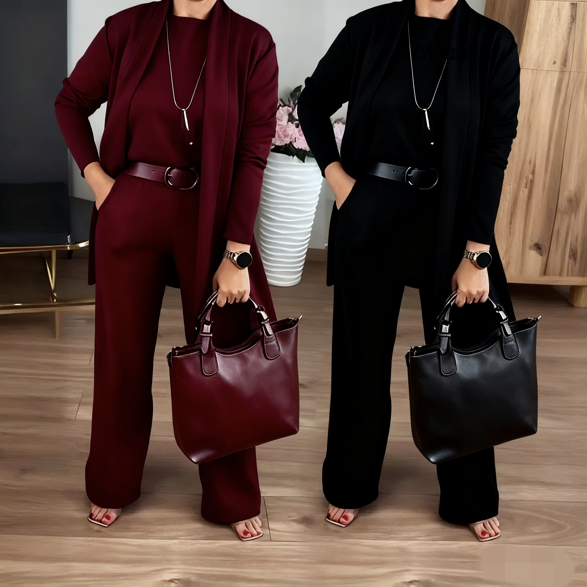 Elegant 3-piece set consisting of a longline cardigan, top, and pants