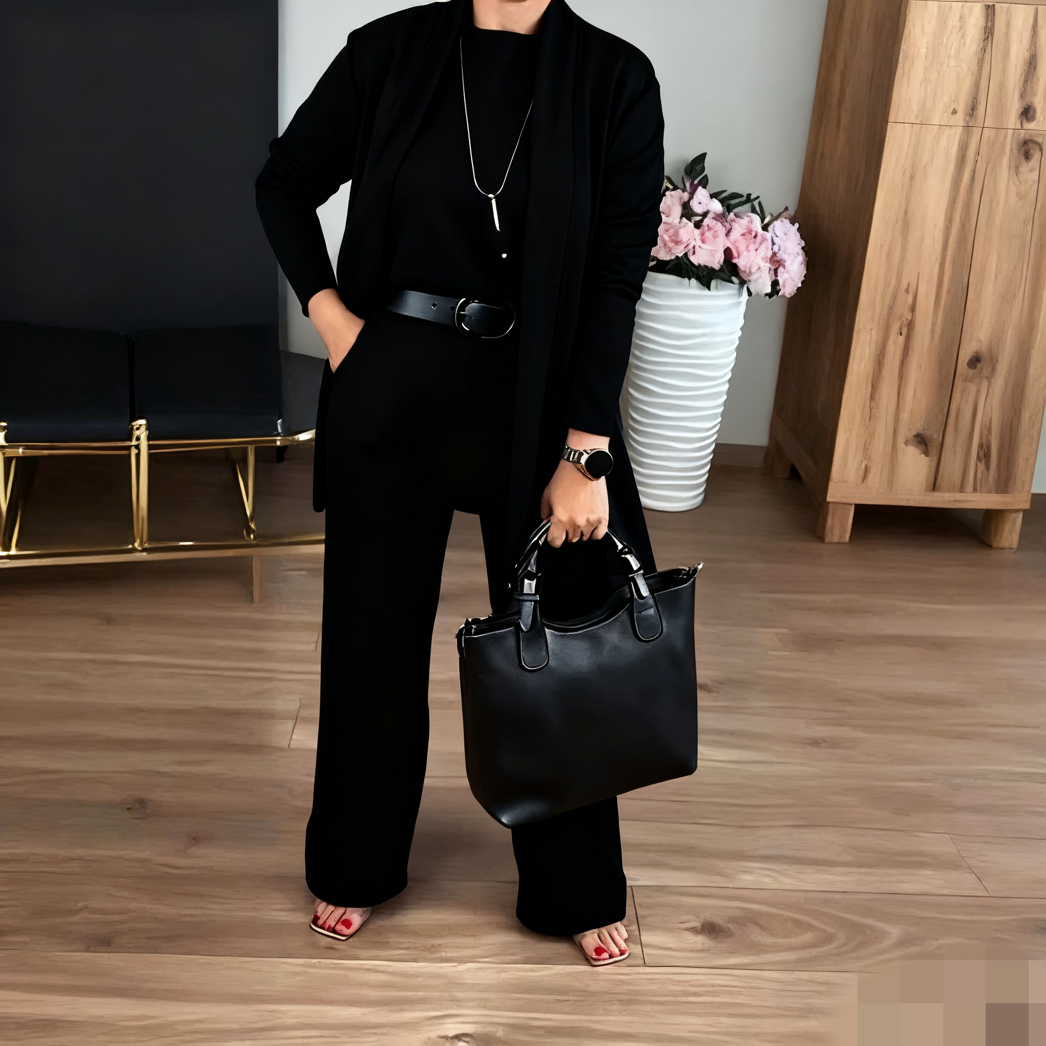 Elegant 3-piece set consisting of a longline cardigan, top, and pants