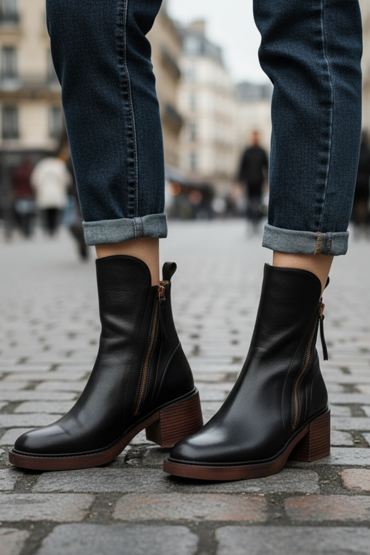 Liora™ | Black leather boot with a comfortable heel, elegant and timeless