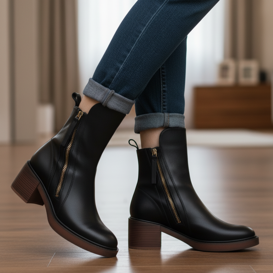 Liora™ | Black leather boot with a comfortable heel, elegant and timeless