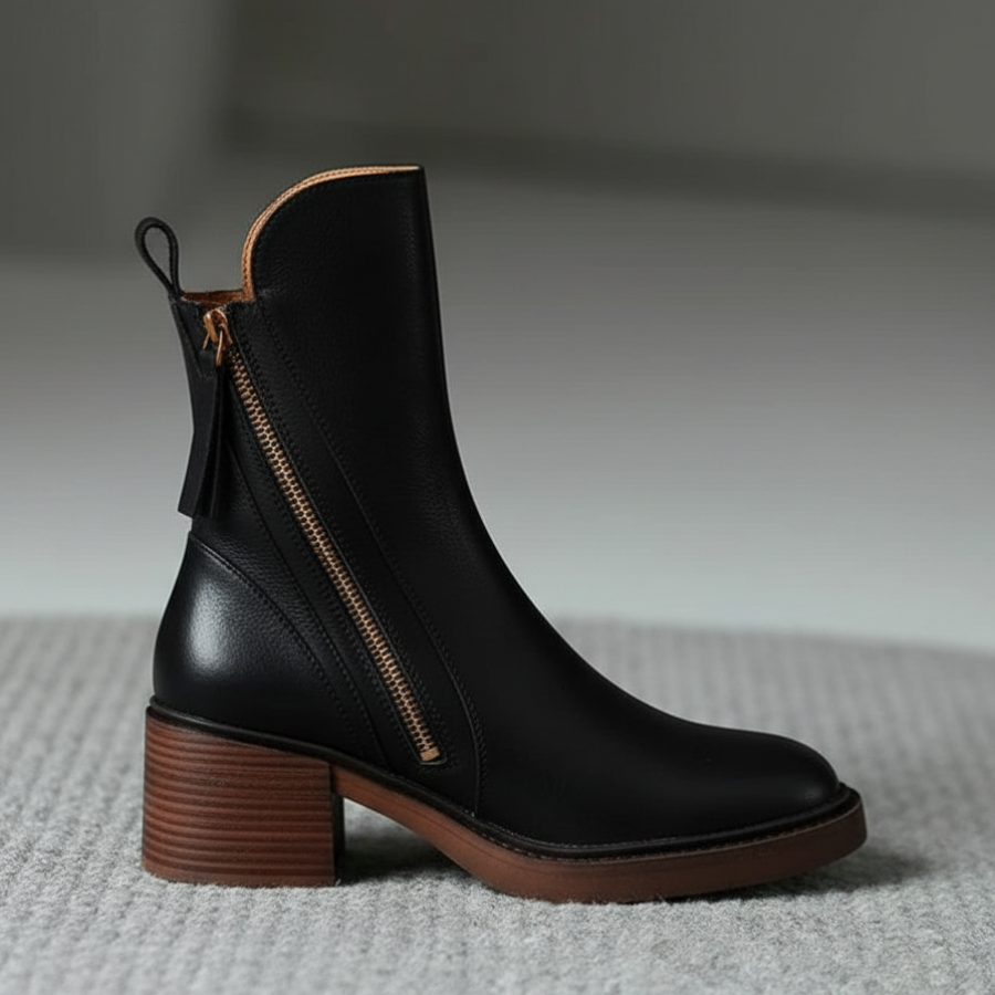 Liora™ | Black leather boot with a comfortable heel, elegant and timeless