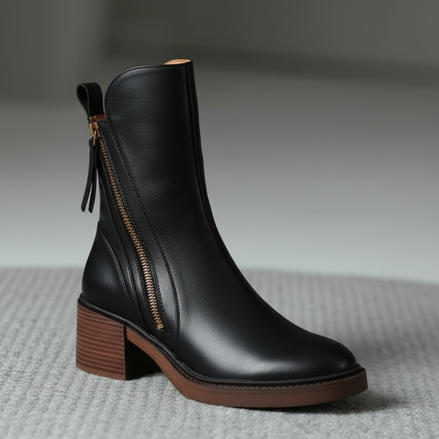Liora™ | Black leather boot with a comfortable heel, elegant and timeless