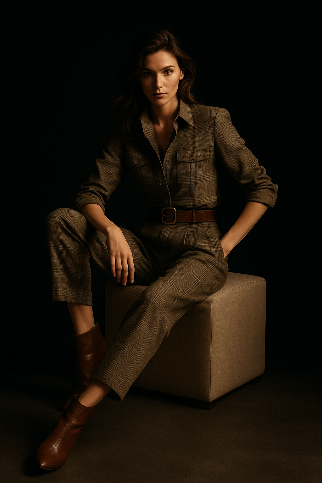 Brown Sophisticated Tweed Texture Plaid Utility Jumpsuit