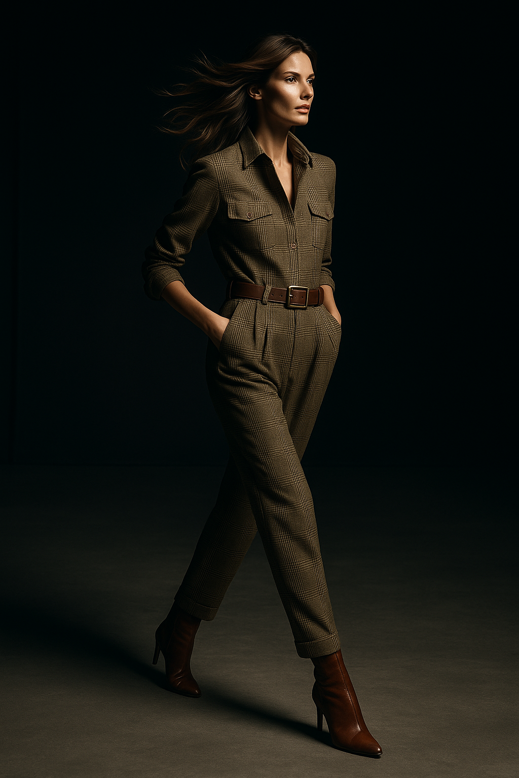 Brown Sophisticated Tweed Texture Plaid Utility Jumpsuit