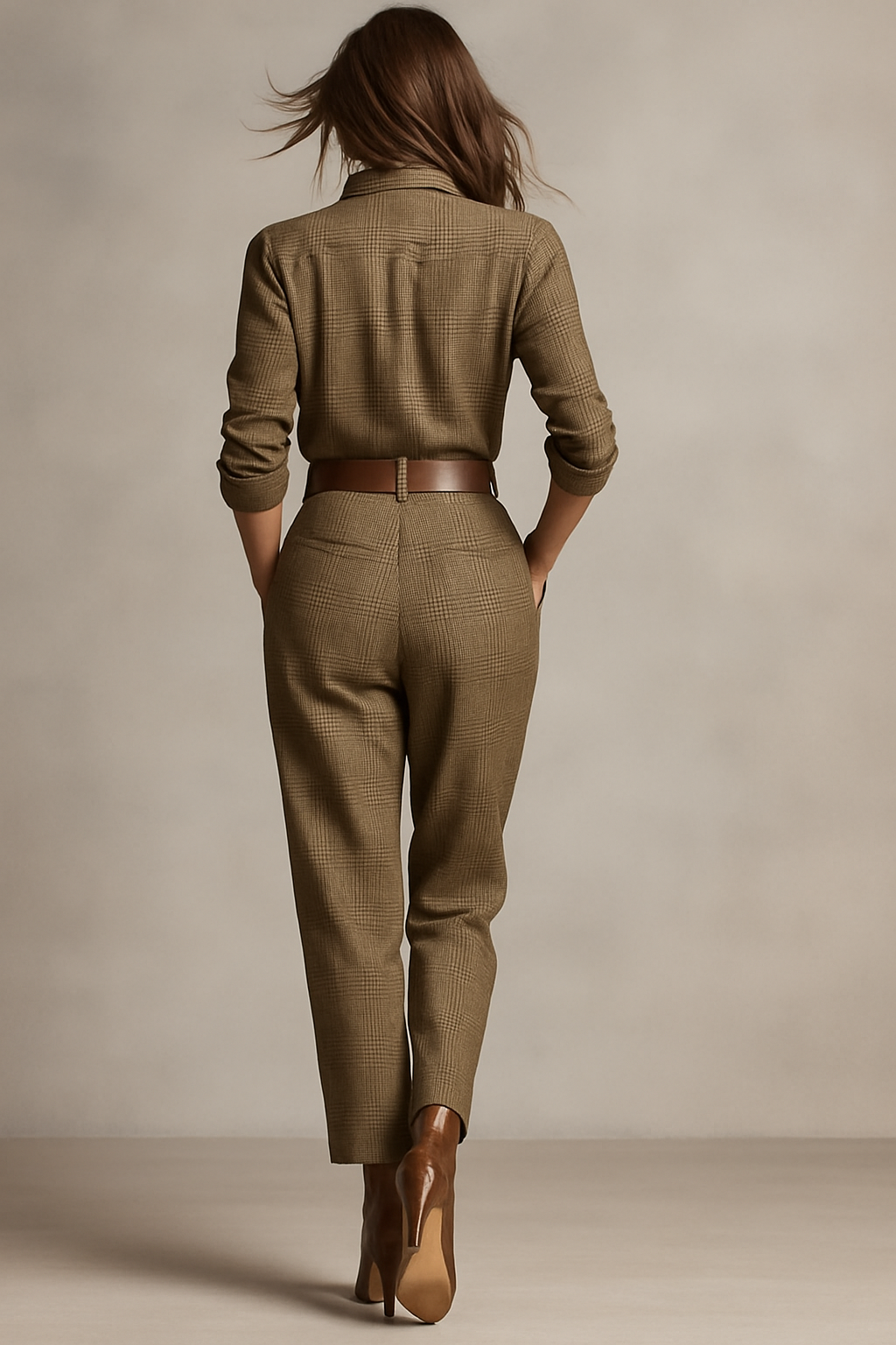 Brown Sophisticated Tweed Texture Plaid Utility Jumpsuit