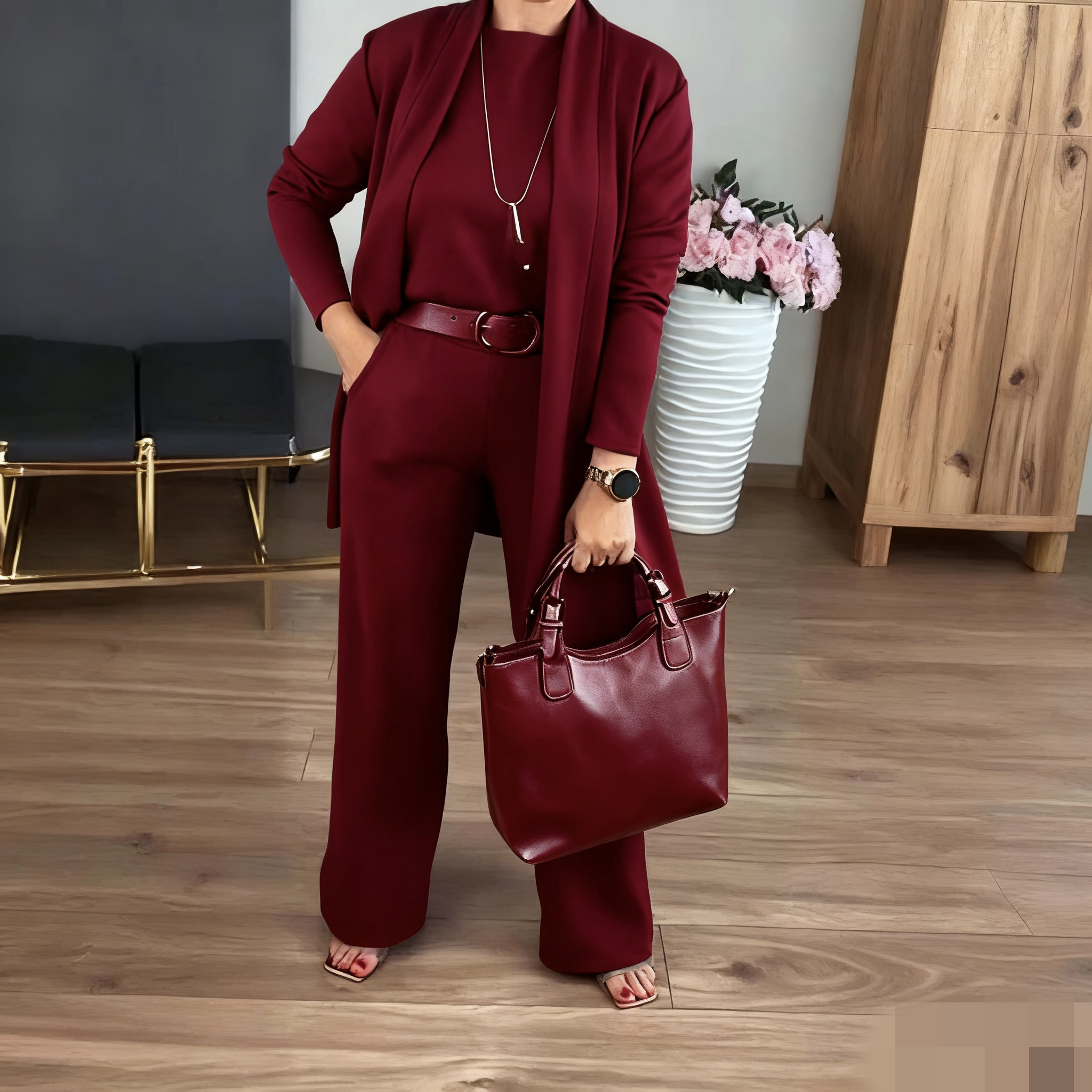 Elegant 3-piece set consisting of a longline cardigan, top, and pants