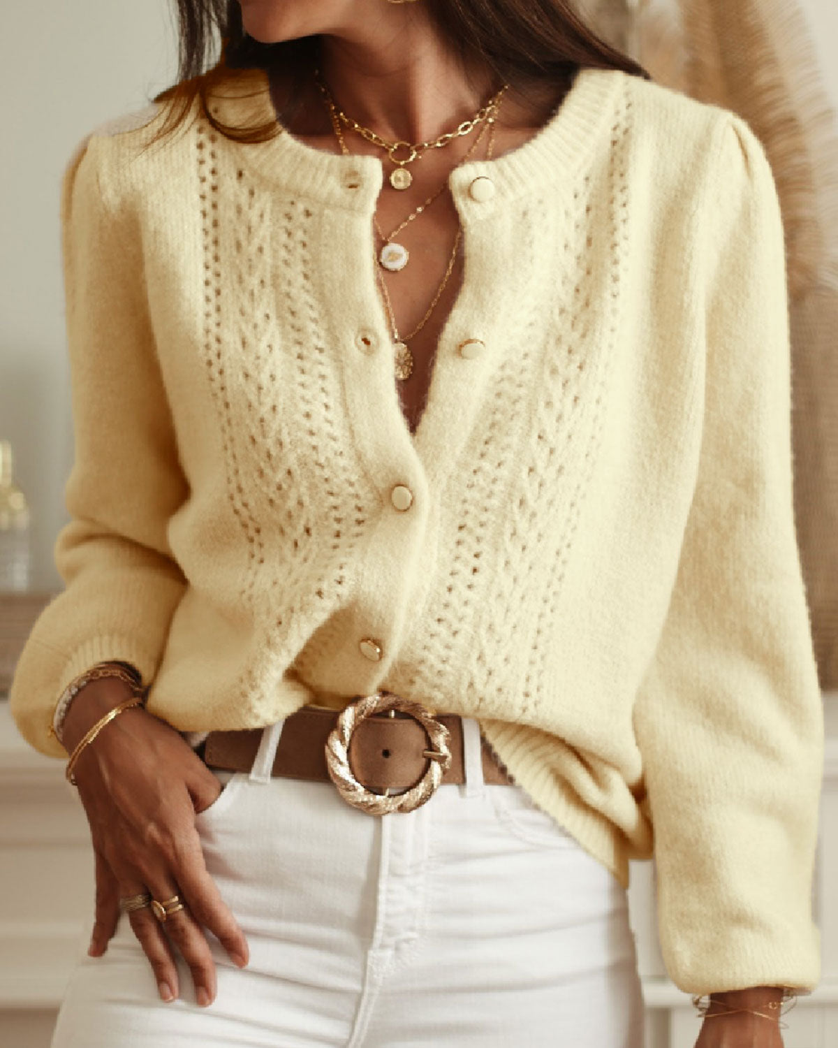 Apricot Round Neck Knit Cardigan